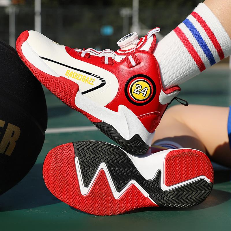 Brand Kids Basketball Shoes Rotary Buckle Design Boys Sneakers High Top Non-slip Leather Children Sports Shoes tênis de basquete