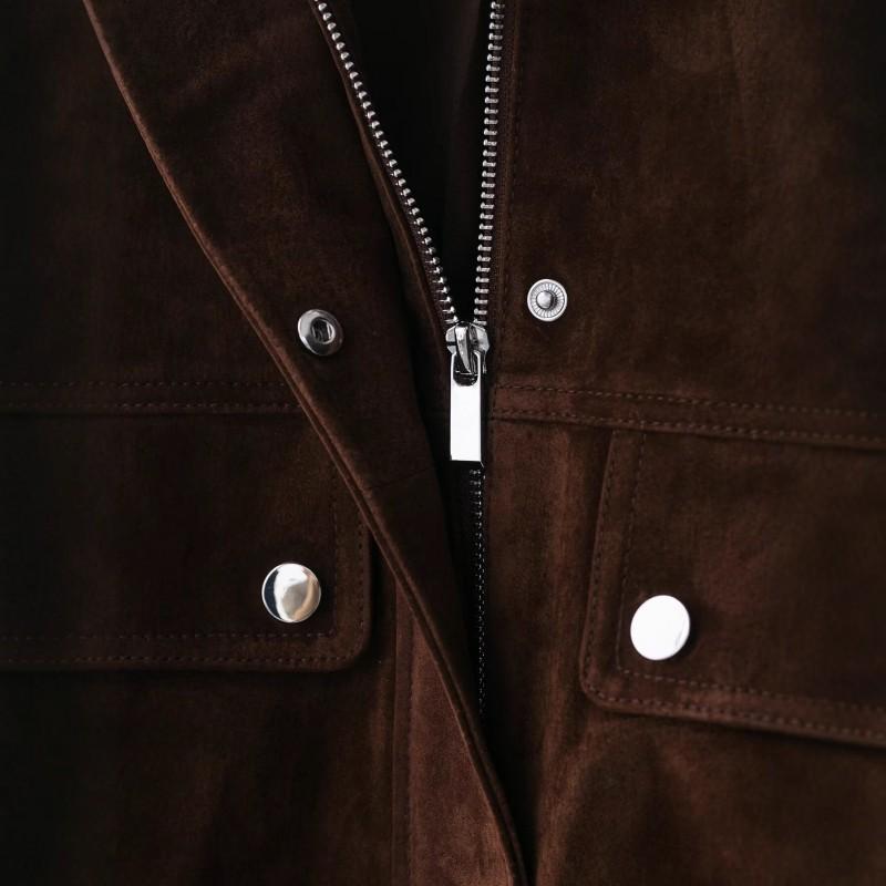 Womens Suede-Trimmed Pilot Jacket With Front Pocket Detail Classic Stand Collar Zipper 2025