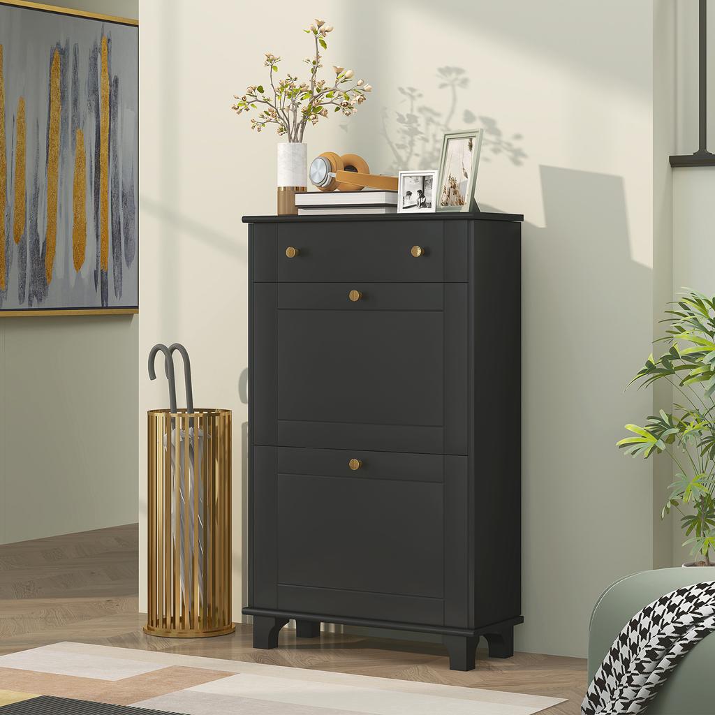Narrow Shoe Cabinet, Drop-Down Drawers, Adjustable Shelf, 60x23.5x98.5cm, Black