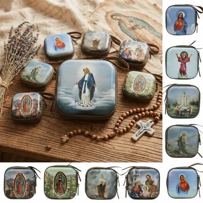 Modlitwa do Matki Bożej Różaniec Torba do przechowywania 7x7cm Żelazna sztuka Religijne pudełko na biżuterię Elegancki kreskówkowy zestaw modlitewny Artykuły religijne