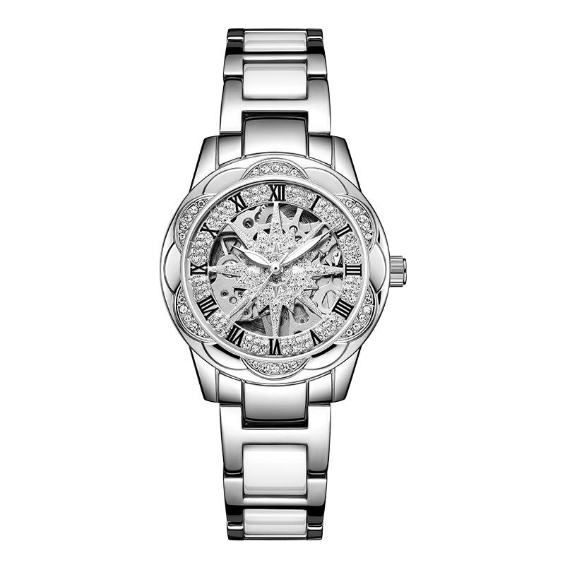 Sunflower Machinery Women S Watch Waterproof Diamond-Encrusted Hollow Transparent Large Dial Automatic Luminous Ceramic Strap Watch