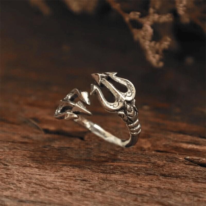 Adjustable Open Ring Men Women Vintage Trident Geometric Statement Plated Retro Punk Style Adjustable Open Band