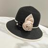 Vintage Rose Pearl Decorative Bucket Hat Women's Summer Sunshade Sunscreen Hepburn Style Straw Hat Bowler Hat