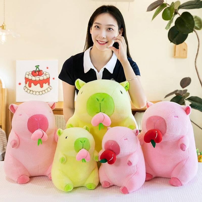 Adorable Peach Capybara Plush Toy Soft Pillow Doll In Green And Pink Colors