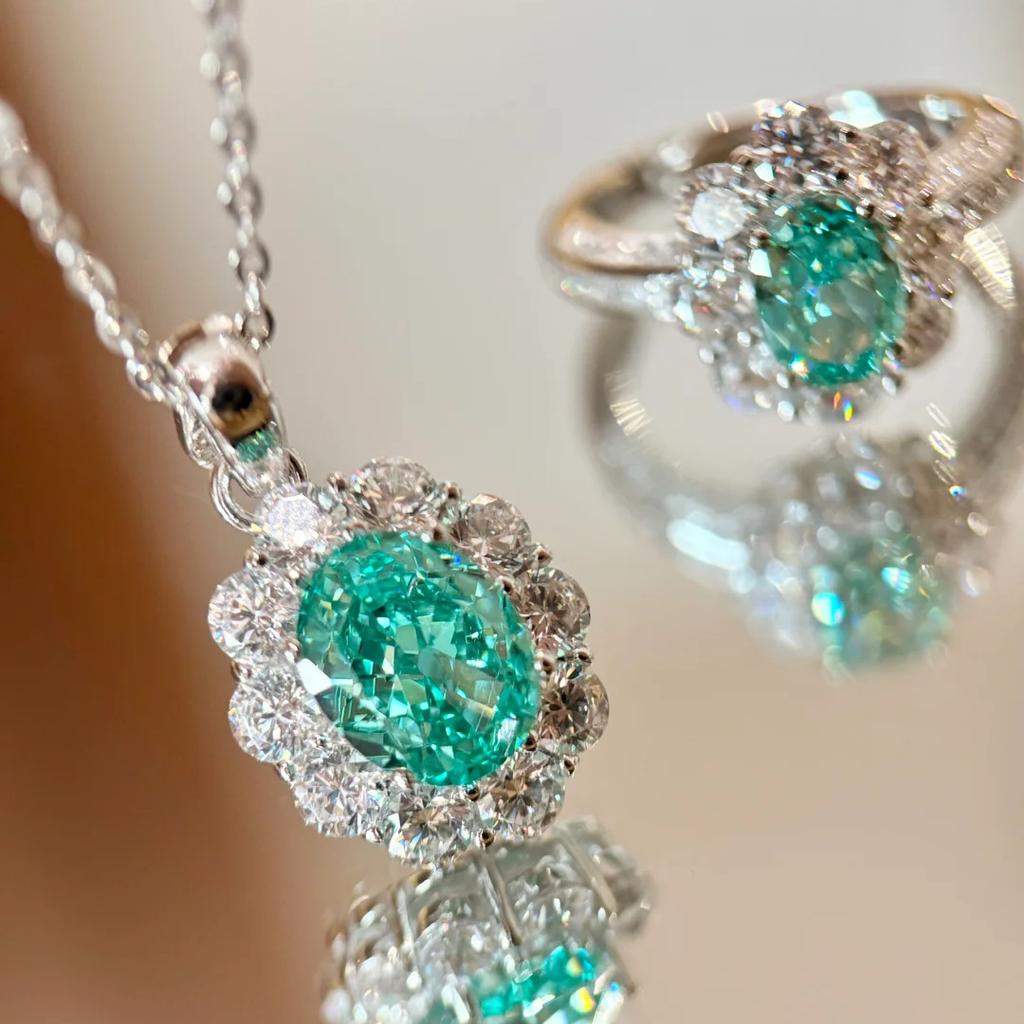 Romantic Atmosphere Mint Paraiba Pendant Necklace Light Luxury Fashion Tanzanian Blue Ring Color Treasure Set Women
