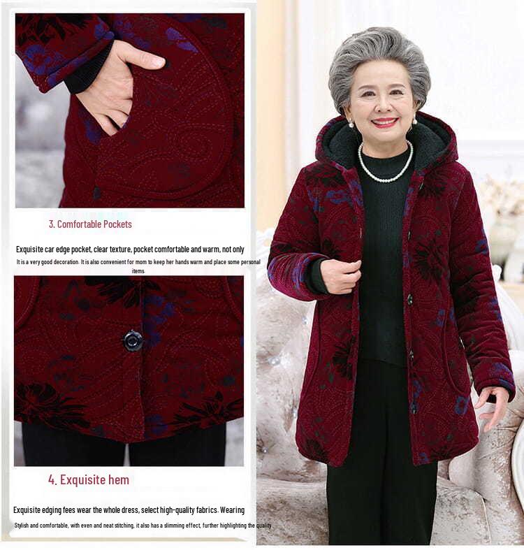 Elderly Women's Cotton-Padded Winter Jacket - Thickened Velvet Coat for 70-Year-Olds