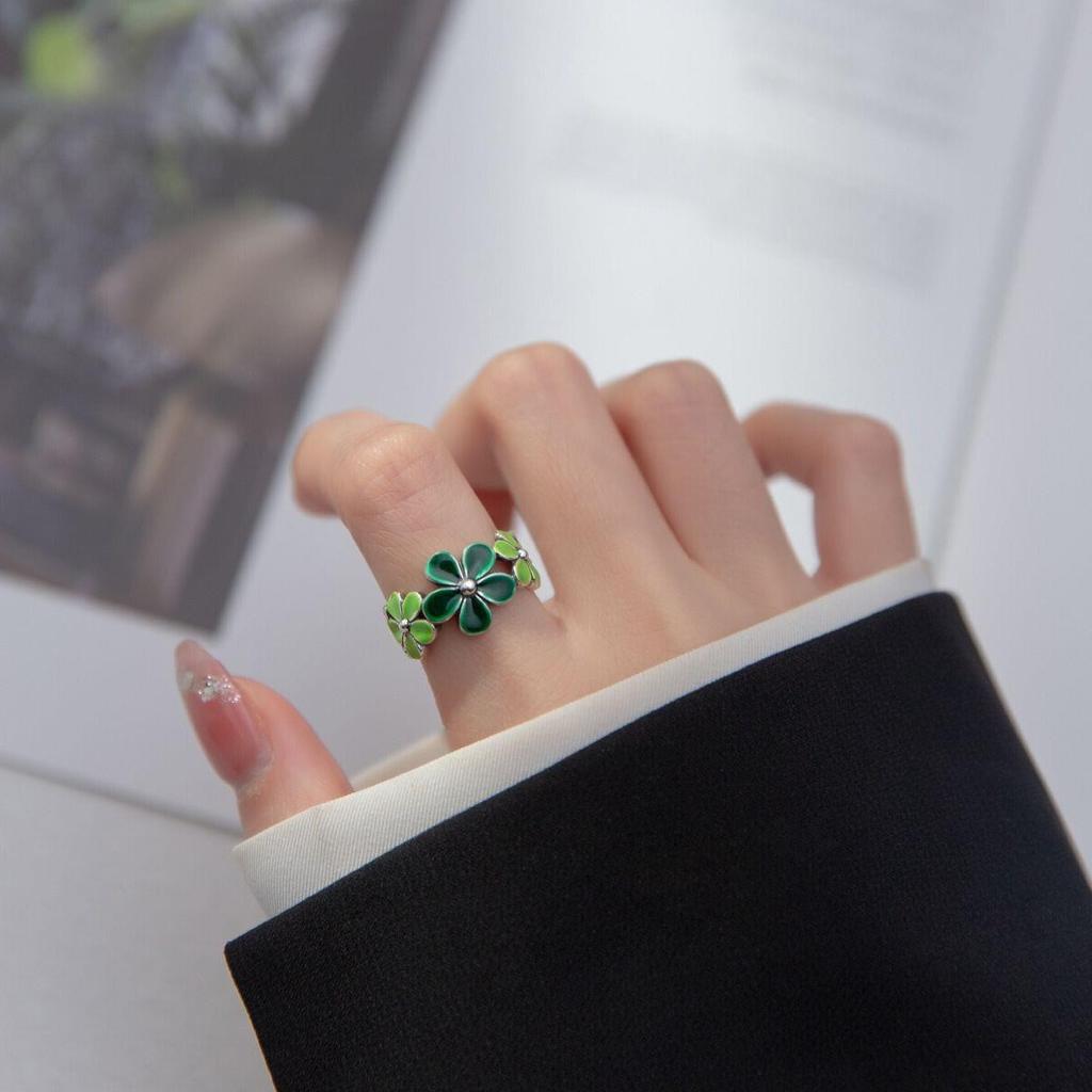 Silver Green Flower Leaf Ring, New Fashionable Rose Daisy Design, Open Design, Delicate Jewelry Item for Girls