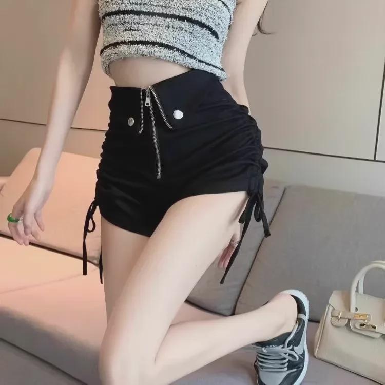 Dámské černé ležérní šortky s vysokým pasem a stahovací šňůrkou - Letní slim fit široké nohavice horké kalhotky