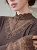 Women's Long-Sleeve Lace Semi-High Neck Fleece Mesh Top for Autumn/Winter