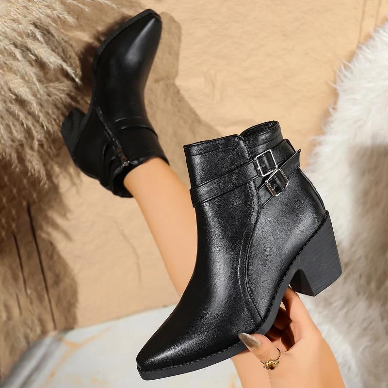 Neue Große Größe Spitze Chunky Heel Stiefel Damen Britischer Stil Seitenreißverschluss Chelsea Kurzstiefel Hoher Absatz PU Matt