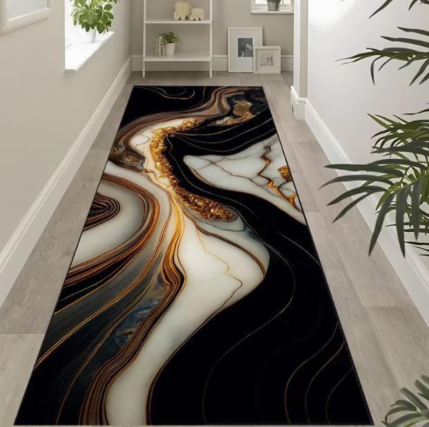 Abstract Marble Runner Rug Black Gold Flow Carpet Modern Fluid Pattern Luxury Hall Home Decoration Carpets 40x120cm