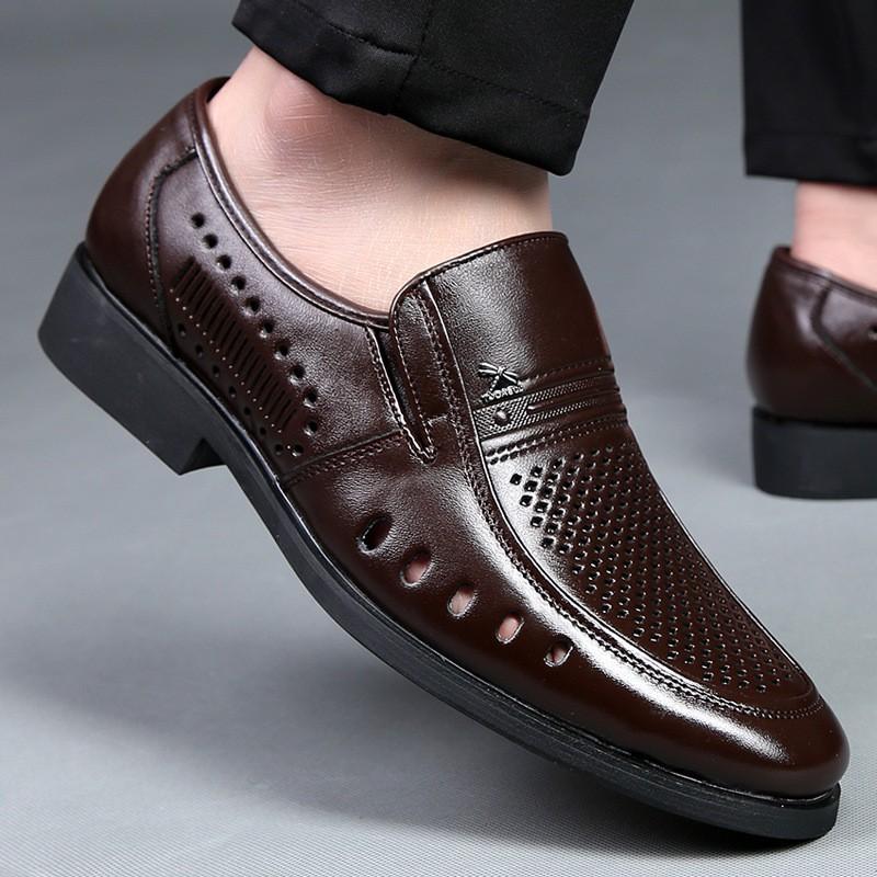 Mens Genuine Leather Breathable Dress Sandals Slip-On Business Casual Shoes With Rubber Sole