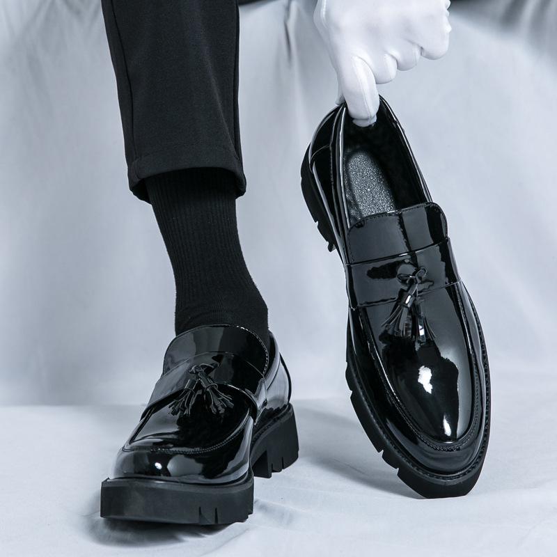 Men's Spring Tassel Loafers: Thick Sole, Shiny Leather, Large Size Casual Shoes