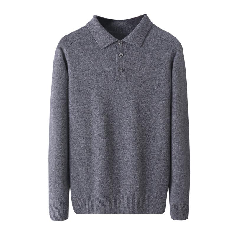 Autumn/Winter Pure Cashmere Sweater For Men, Polo Collar, Thickened Warm, Long Sleeve Pullover, Lapel Wool Knit Base Layer
