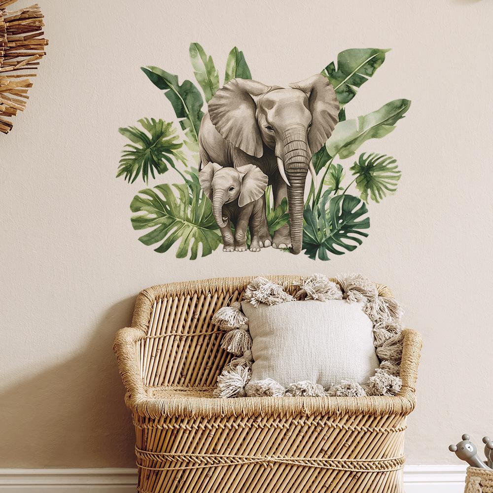 2 Pcs Jungle Leaf Parent Baby Elephant Bedroom Living Room Home Background Beautification Wall Stickers