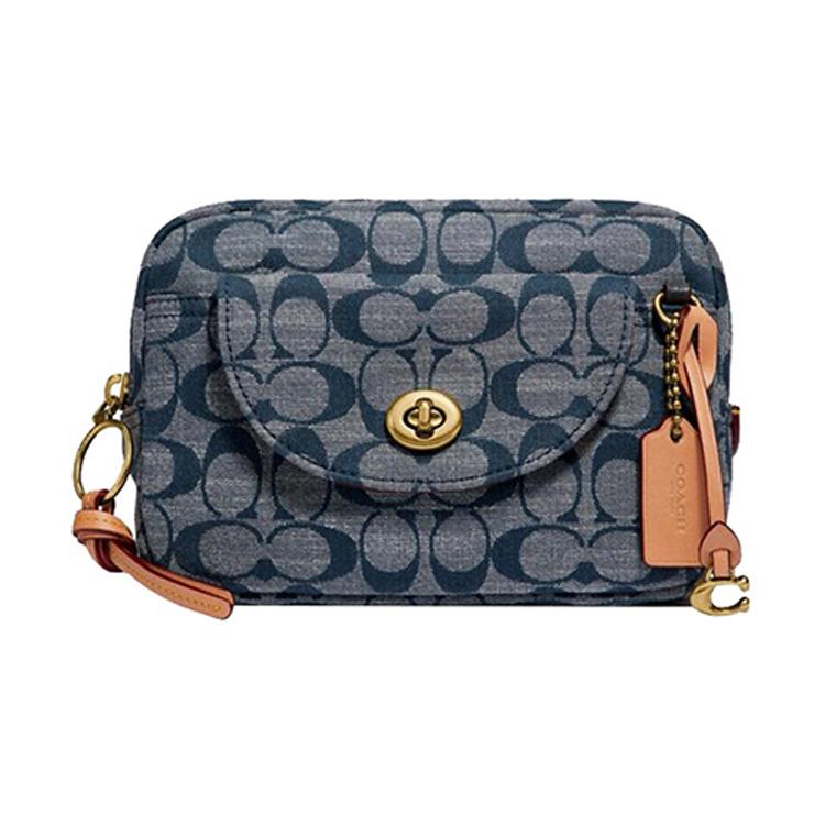 

New COACH Cargo Cotton Canvas Bag Camera Bag Fanny Pack Small Size Women s Denim Blue Monogram 3236-B4CB 19.1*6.1*12.7CM