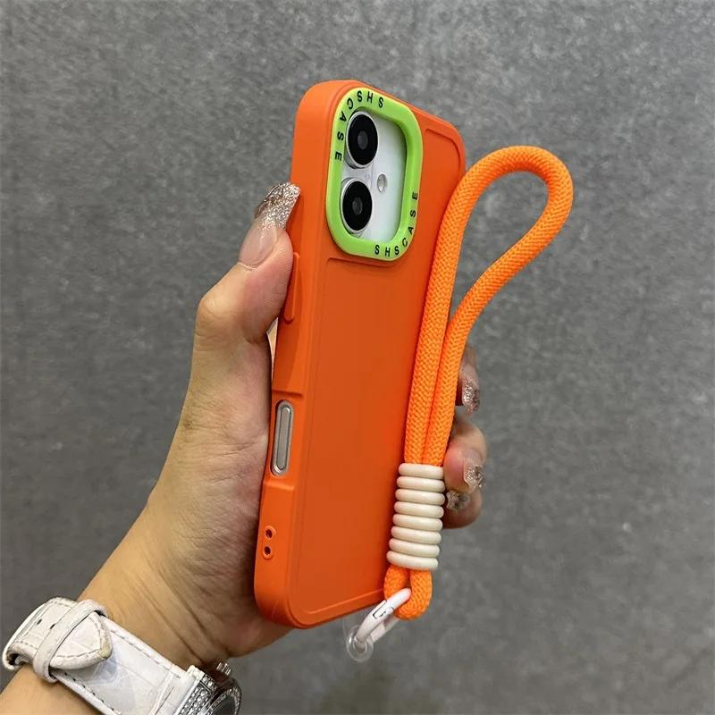 Fashion Lens Collision Color Wrist Strap Cases for iPhone 17 16 15 14 13 12 11 Pro Max Plus 17 Air Matte Silicone Lanyard Cover