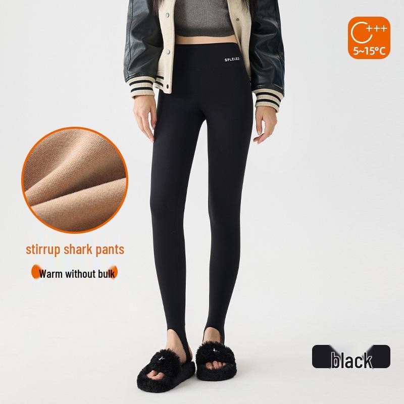 

Women s Fleece-Lined Leggings: Thick, Footed Shark Pants for Autumn/Winter, Tummy Control, Hip Lifting, Slimming, Warm Fitness Wear. 2XL [140-160 lbs] чорний