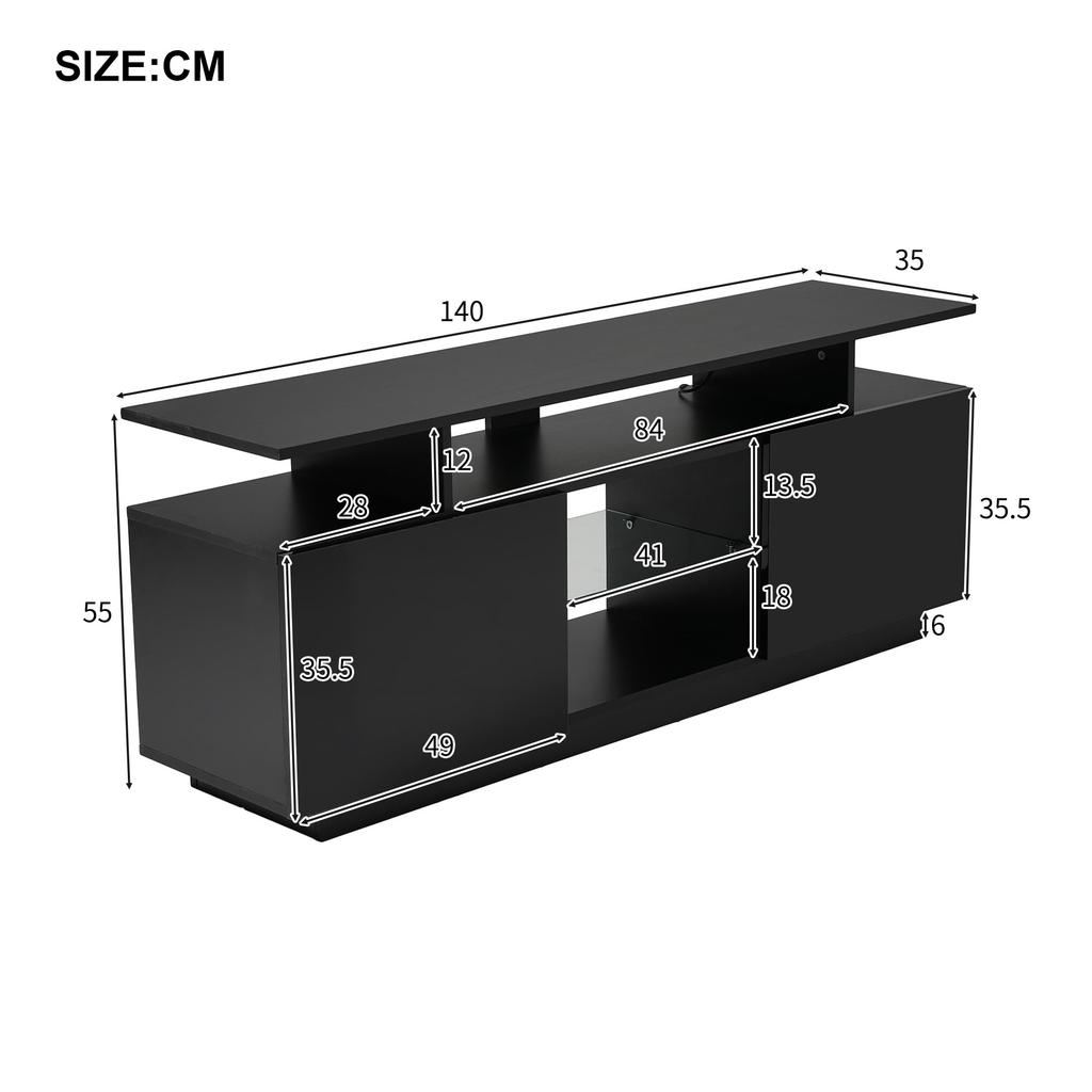 TV Board TV Cabinet High Gloss Lowboard TV Stand Television Up To 60 Inches, Flap Door, Glass Shelf, Handleless Design, 140cm, Living Room, Black