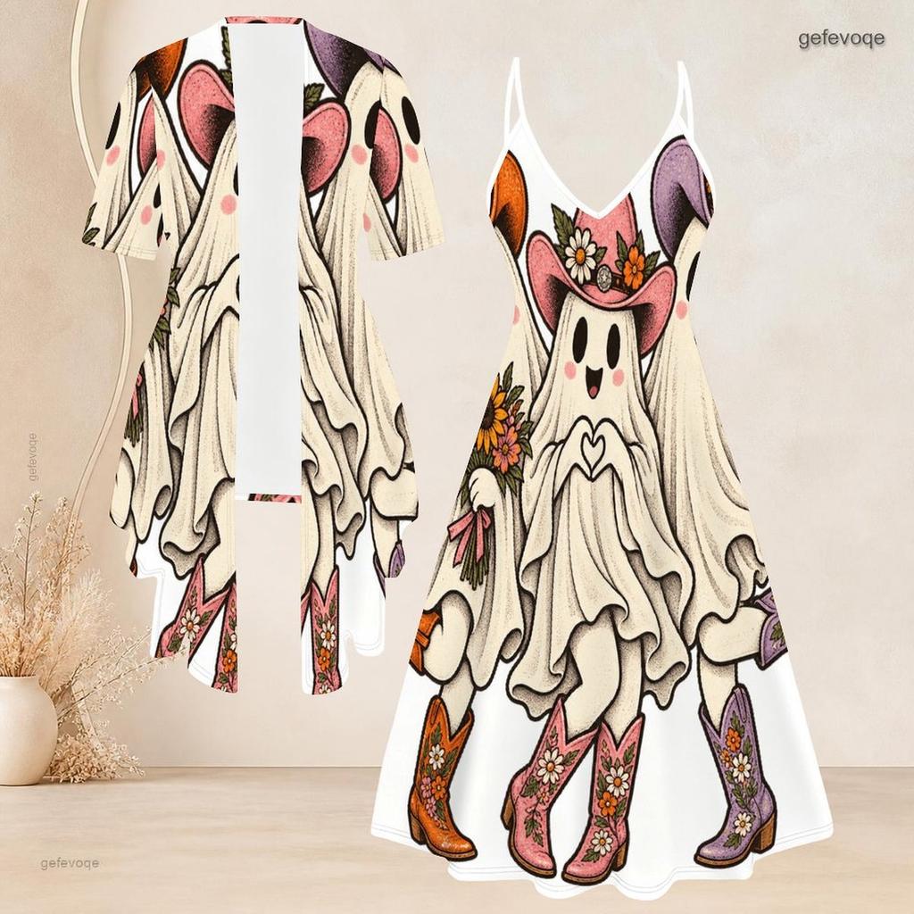 Women Plus Size Two Piece Set Short Sleeve Cardigan Strappy V Neck Flared Dress Pumpkin Bear Printed
