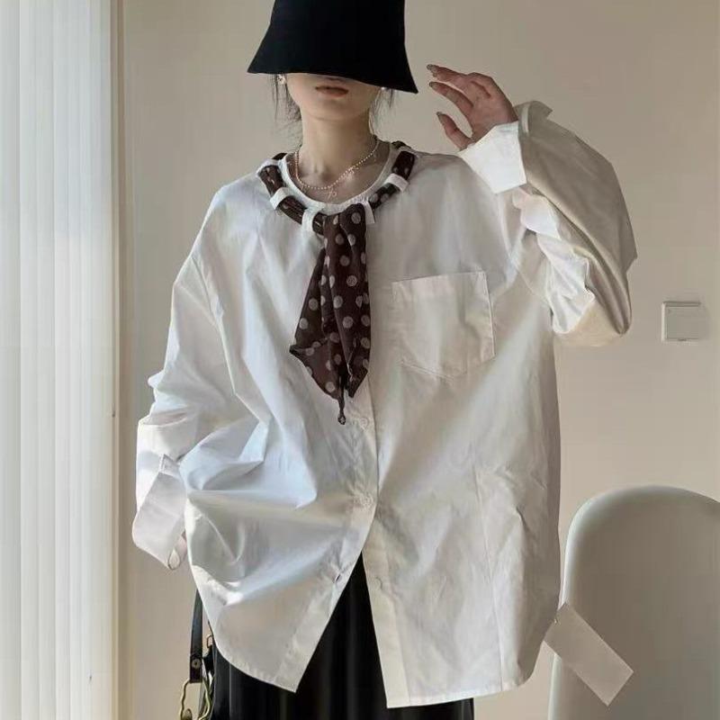

Round Neck Women s Shirt Polka Dot Scarf Design Loose Single Breasted Pocket Famale Blouse Casual Ladies Long Sleeved Top One Size белый