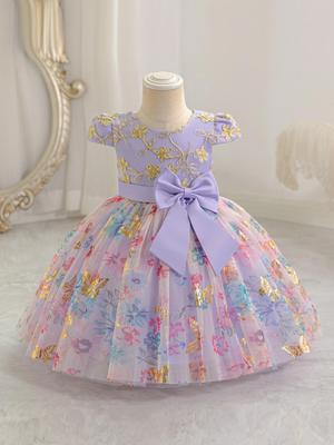 Vestito Principessa in Tulle con Maniche a Sbuffo e Fiocco per Compleanni ed Eventi