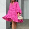Spring Autumn Solid Color V-neck Loose Embroidered Hollow Out Lace Dress for Women European American Crossbody Casual Dress