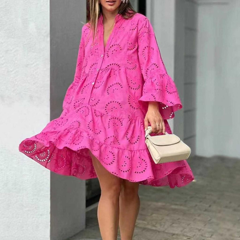 Spring Autumn Solid Color V-neck Loose Embroidered Hollow Out Lace Dress for Women European American Crossbody Casual Dress