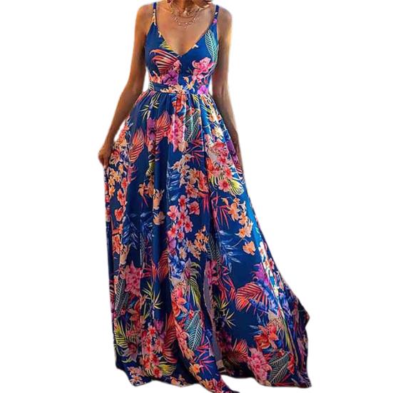 V-neck Waist Tight Split Hem Lady Dress Floral Print Sleeveless Sling Beach
