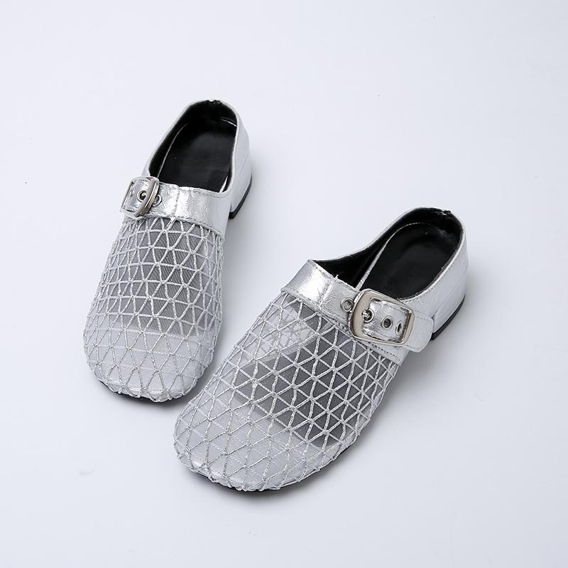 Fashion Fashion Baotou Slippers Summer New Round Head Mesh Cloth Metal Buckle Anti-slip Wear-resistant Heel Shoes
