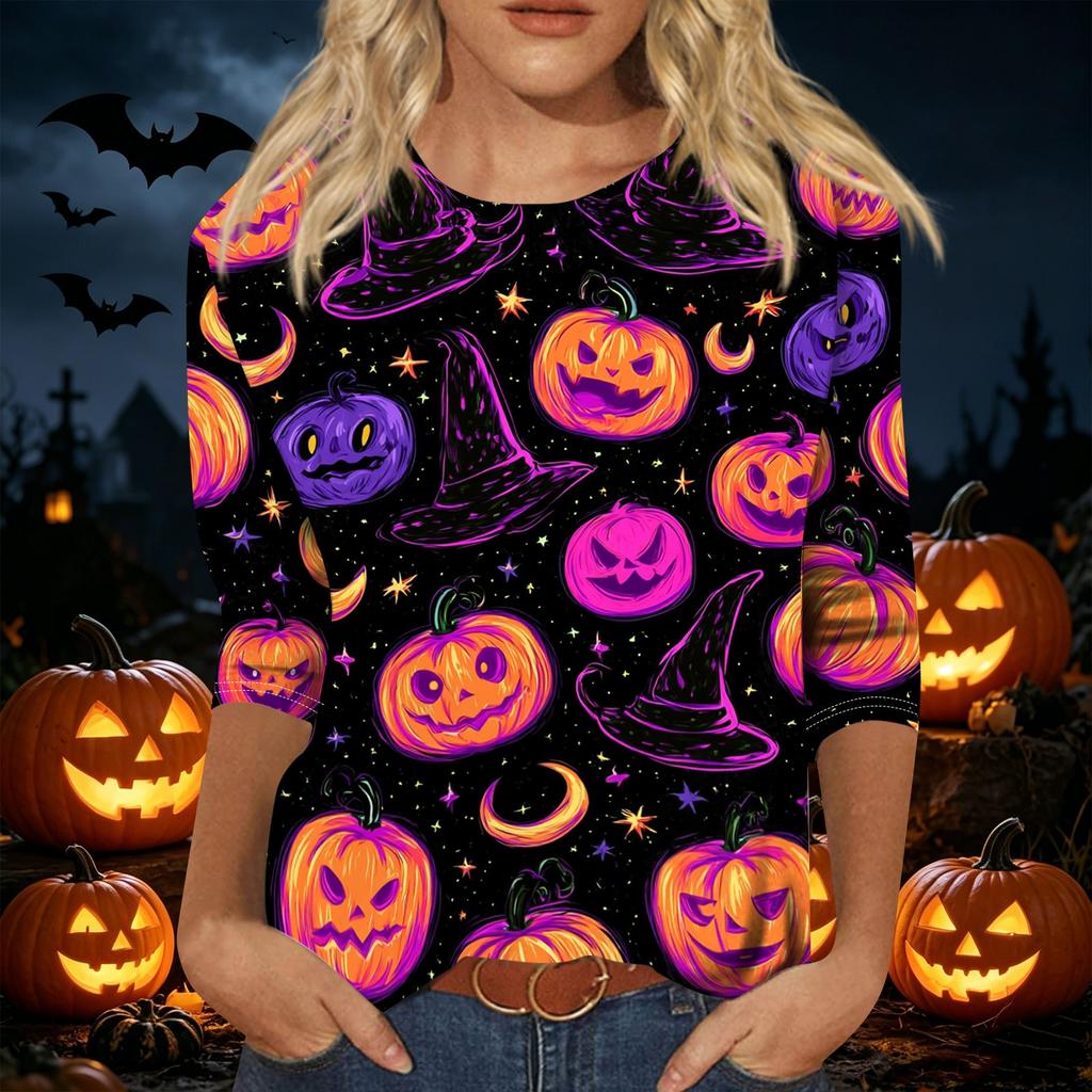 Women's Casual Halloween Print Pullover Top Lightweight Long Sleeve Round Neck Shirt for Fall Seasonal Wear