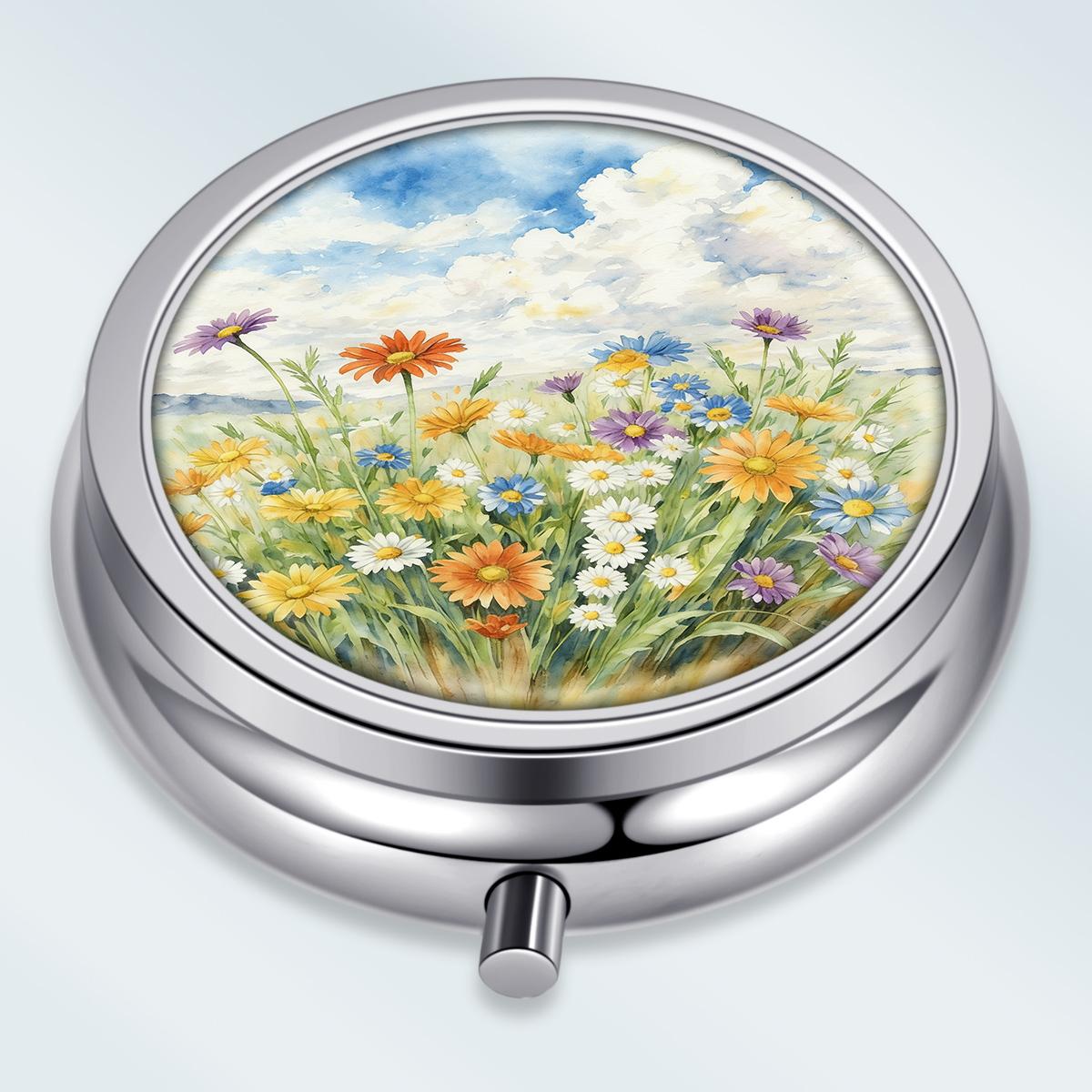 

Portable Pill Box with 3 Compartments, Mini Metal Medicine Organizer Case, Cute Printed Pill Container for Vitamins, Pills, Jewelry, Travel, Daily Use разноцветный