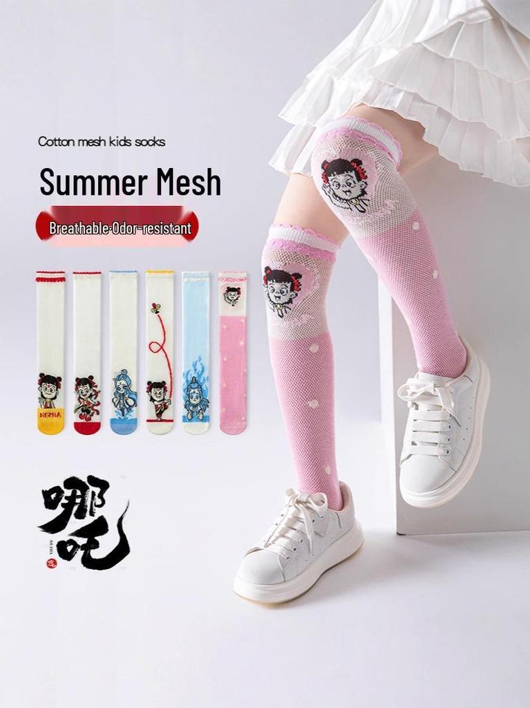 Nezha Cartoon Kids' Summer Socks: Cute, Breathable, Thin Mid-Calf Mesh Cotton Socks for Girls