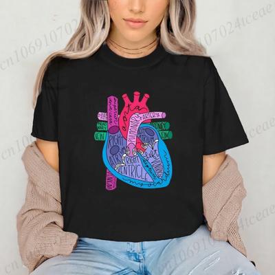 Camiseta Estampa Engraçada de Anatomia de Coração Gráfico Manga Curta Top Casual para Verão Cardiologista Coração Anatômico Camisa Feminina Roupa