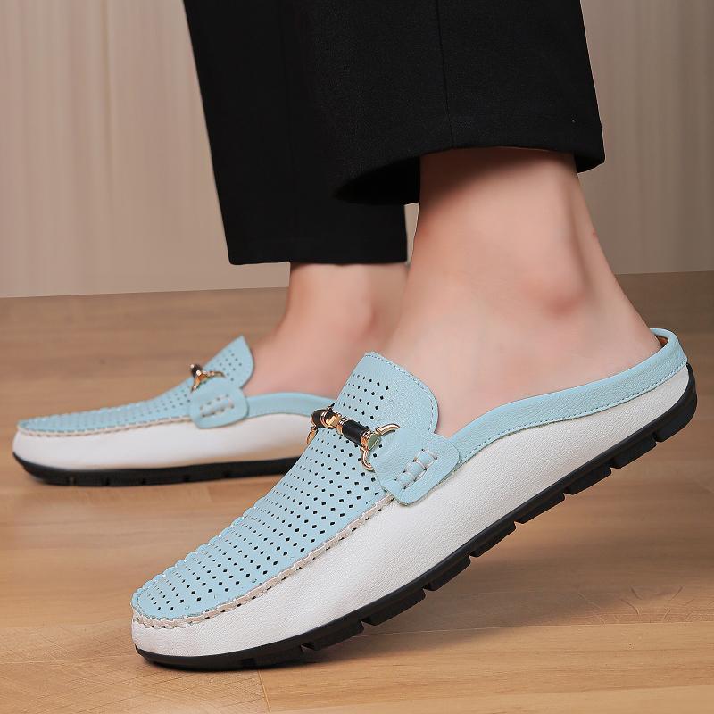 Fashion Men's Breathable Muller Shoes Hollow Out Genuine Leather Slip-On Walking Shoes Fashion Casual Flats Non-Slip Mens Slip on Shoes