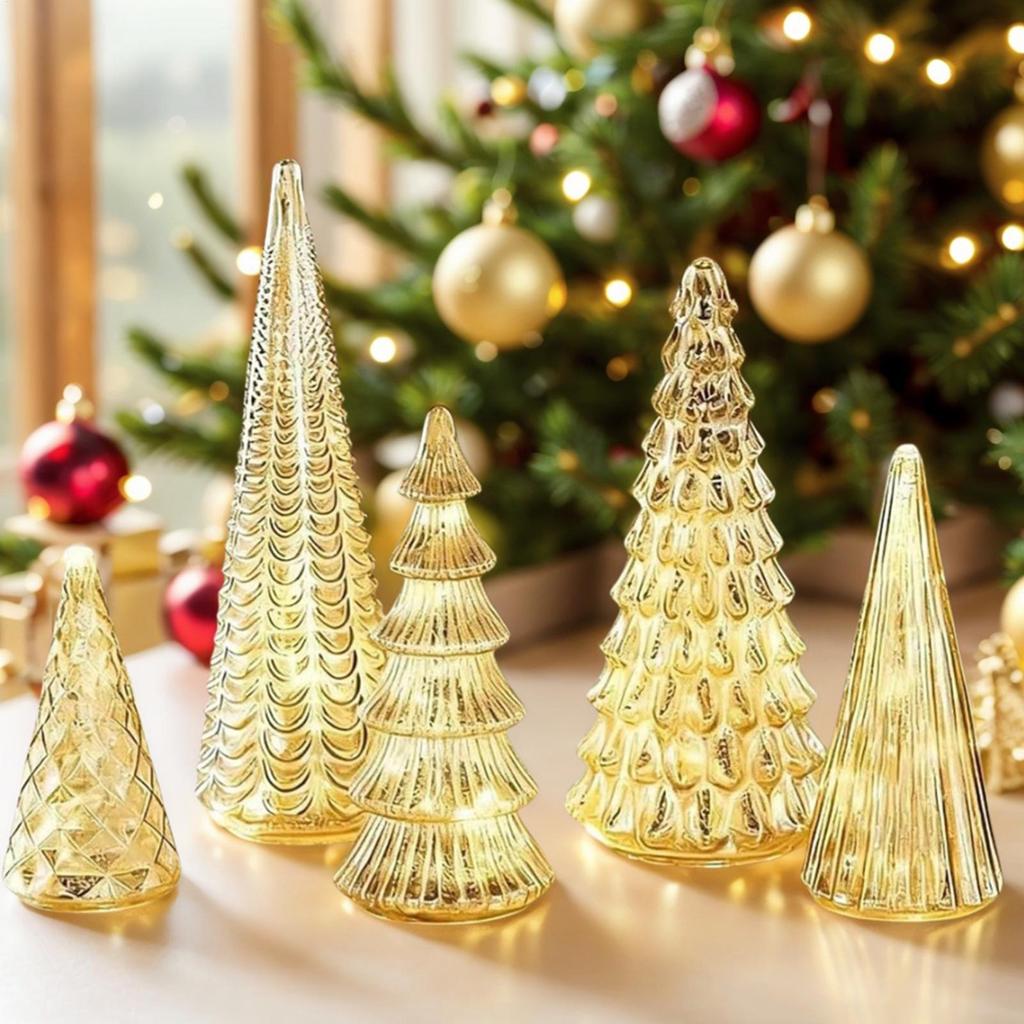Acrylic Christmas Tree Figurine 5 Pieces Artificial Christmas Tree with Lights Holiday Decor Light Up Tree Cone for Home Office