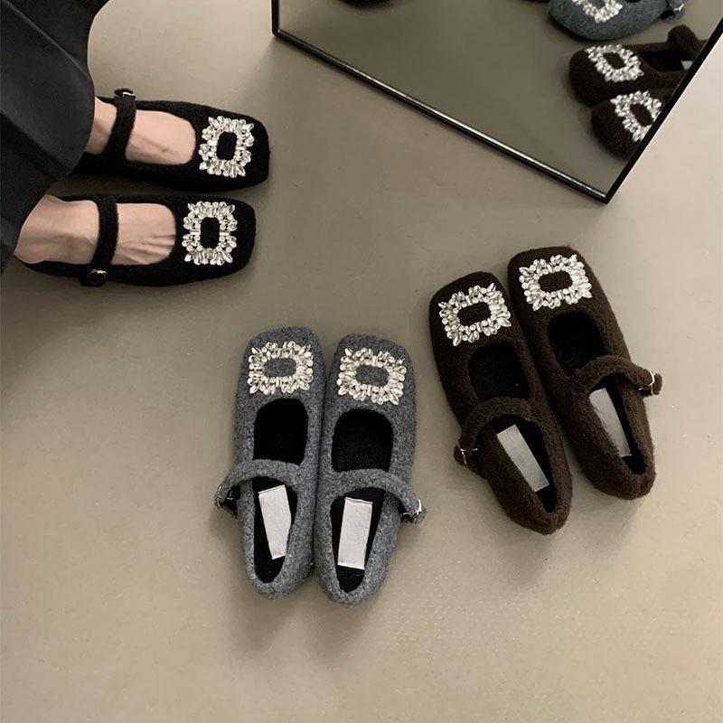 Women's temperament Mary Jane shoes women's velvet French evening breeze square head rhinestone woolen shoes women's winter wear single shoes