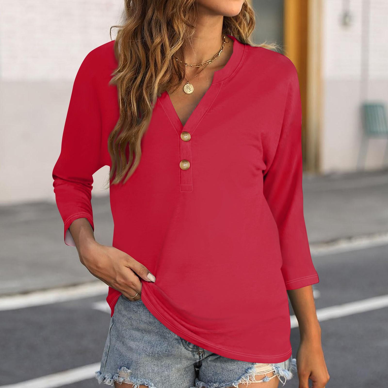 

Женская повседневная свободная однотонная футболка с круглым вырезом, пуловер с рукавами 3/4, топ XL красный