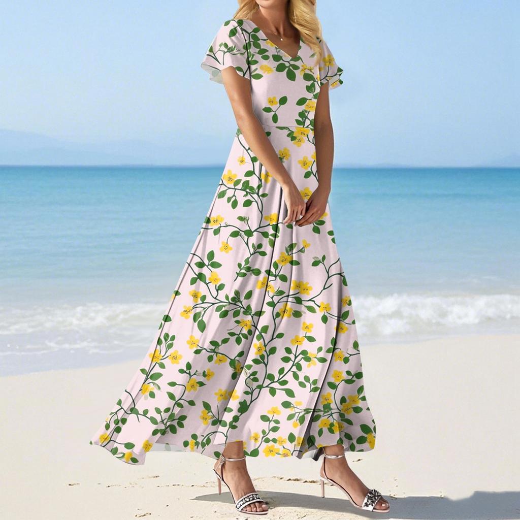 FashWomen's Loose Casual V-Neck Short Sleeved High Waisted Print Dress