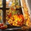 Warm Orange Pumpkin Moon Decor Stained Glass Suncatcher, Acrylic Crescent Window Hanging with Handmade Colorful Light Shadow Art Flowers Leaves, Fall