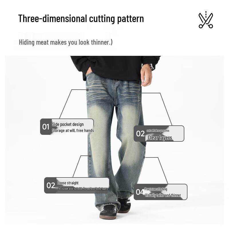 Fingercroxx Men's American Retro Washed Whisker Straight-Leg Jeans