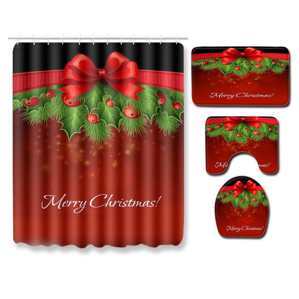 Christmas Shower Curtain Floor Mat Combination Four-Piece Set Bathroom Toilet Carpet Shower Room Mat Foot Mat