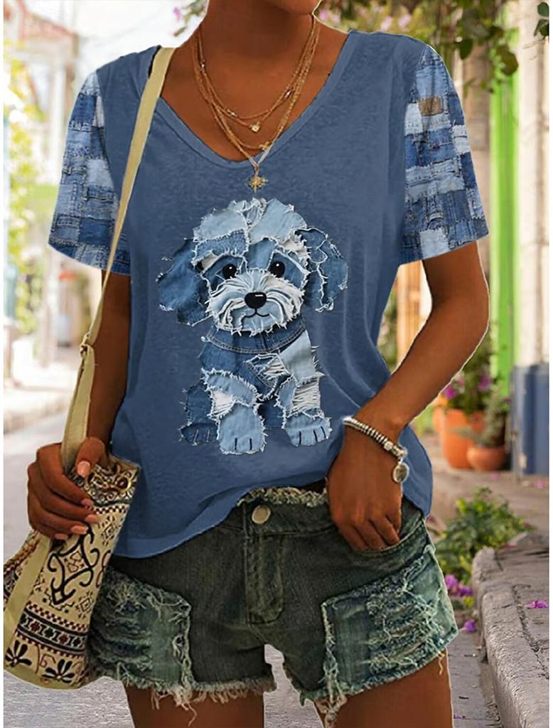 Damen T-Shirt Grafik Tier Vintage Stilvoll Klassisch Kurzarm V-Ausschnitt Regulär Oberteile Täglicher Druck Damenkleidung Oberteile für Damen