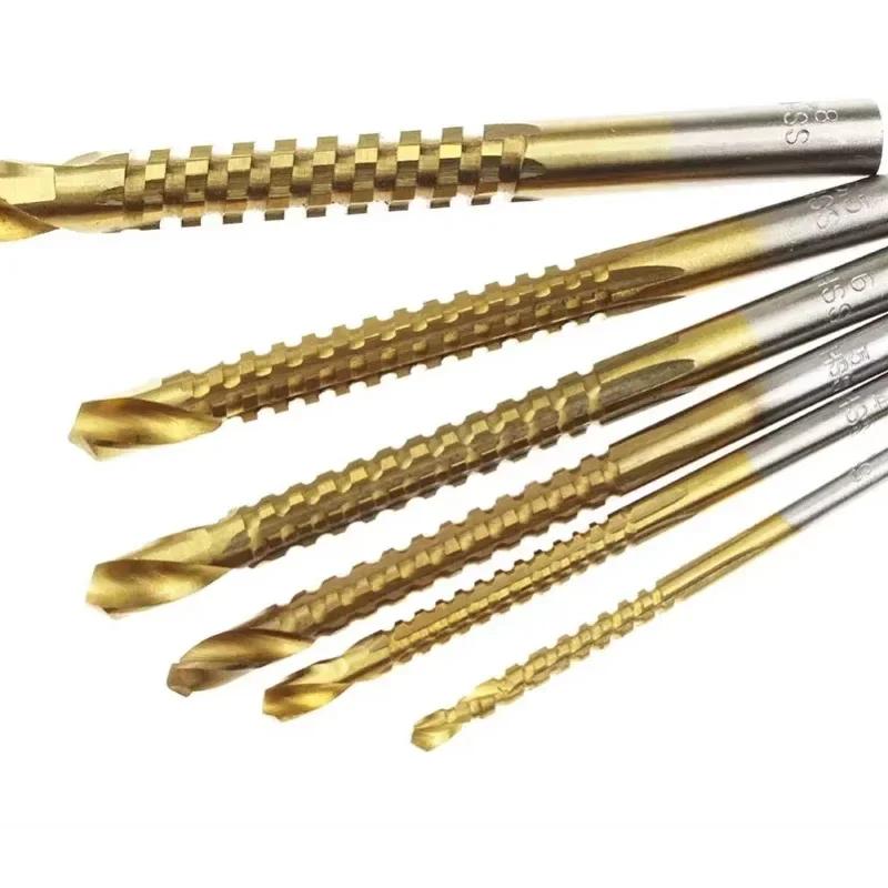 6Pcs HSS Twist Drill Bits Set Titanium Coated Drill Bit 3-8mm Serrated Grooving Spiral Jagged Saw Drill Bit Composite Drill Bits