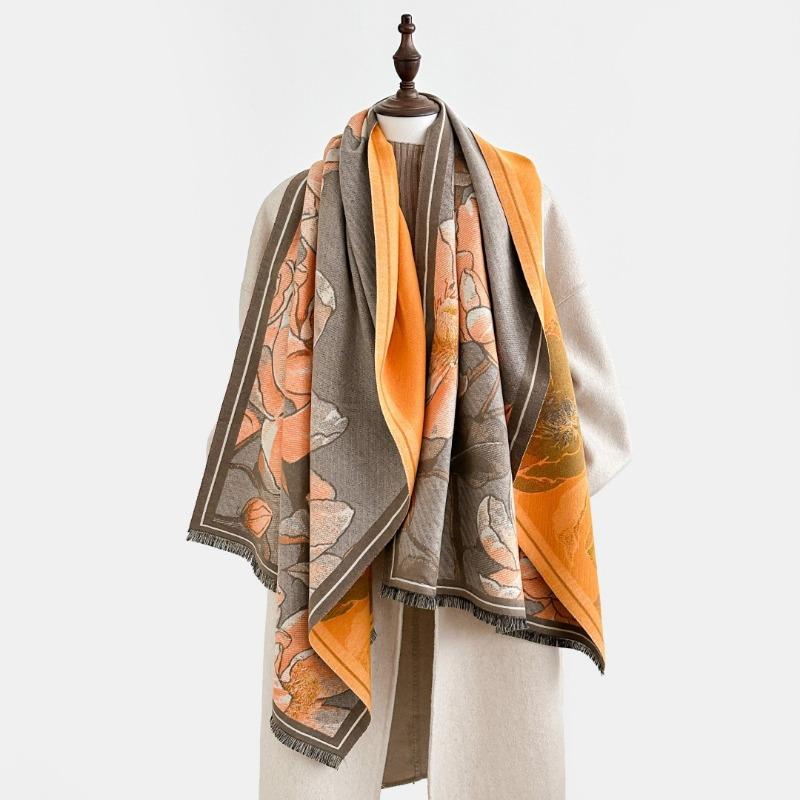Winter new oil painting fashion peony flower imitation cashmere scarf women's elegant warm thickened shawl