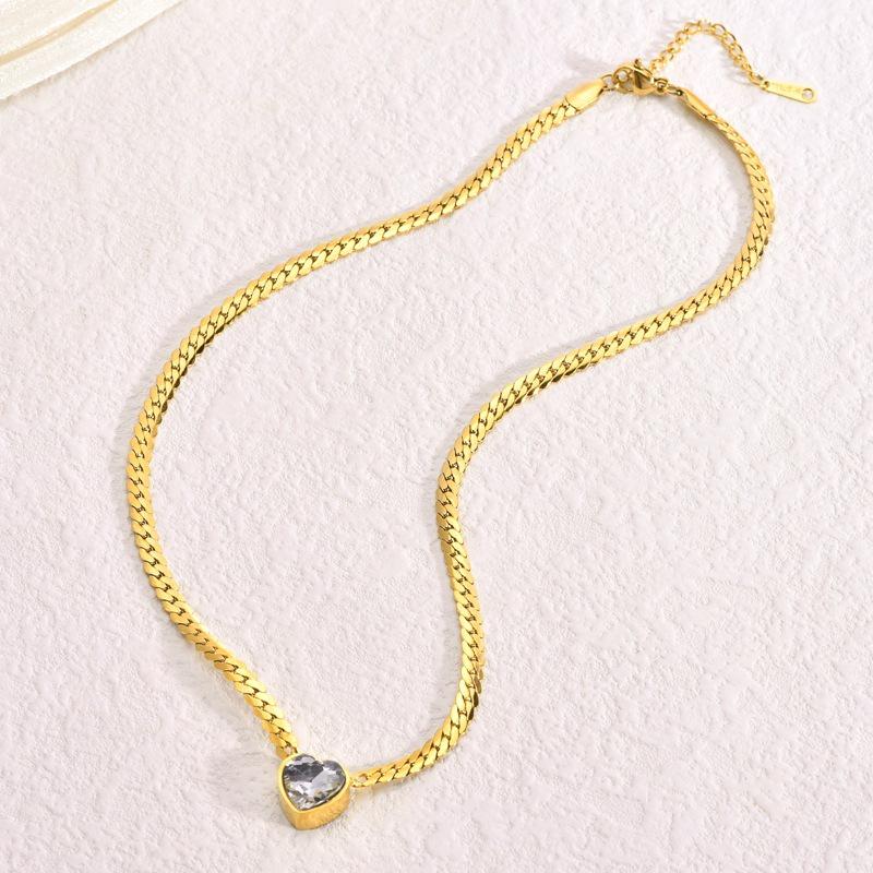 Elegant European & American Heart Necklace & Bracelet Set for Women, 18K Gold-Plated Titanium Steel with Gemstones, Non-Fading