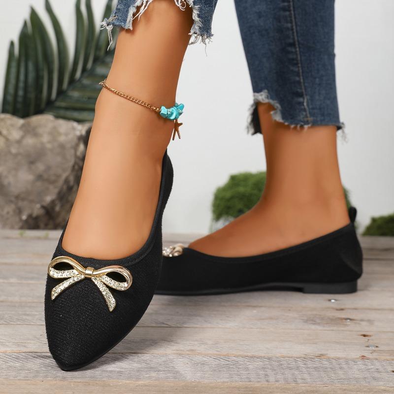 Fashion Women's Pointed Toe Shallow Suede Crystal Metal Bow Non-Slip Wear-Resistant Flats Fashion Soft Sole Single Shoes