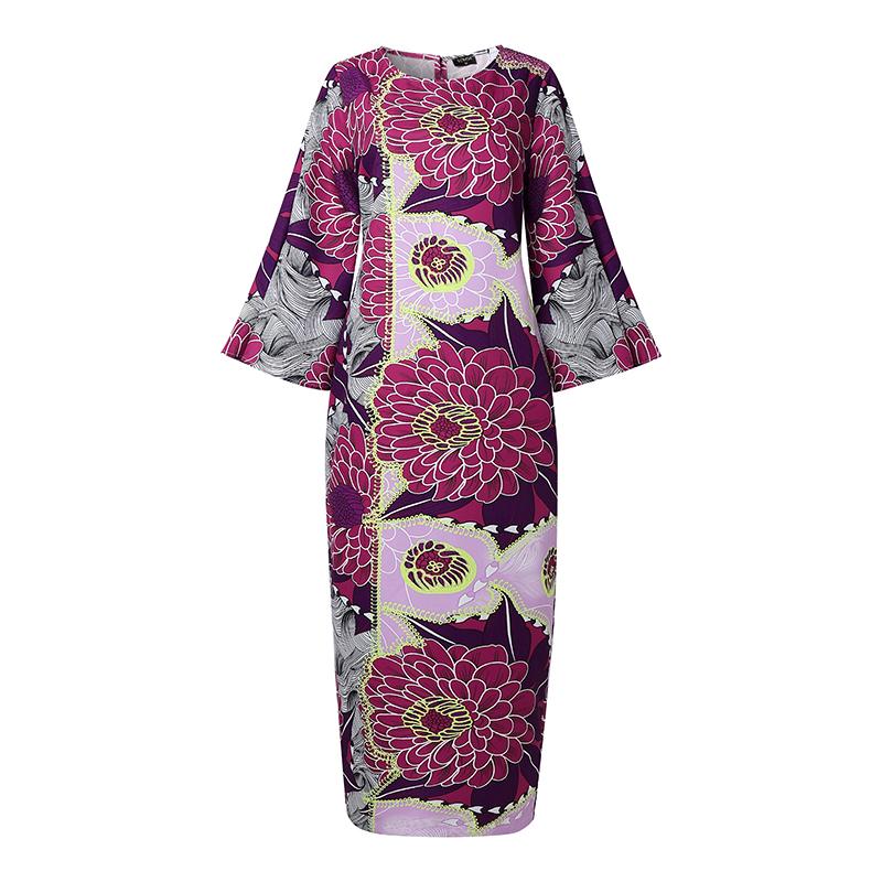 Plus Size Womens Casual Round Neck Long Sleeve Floral Printing Long Oversized Dress