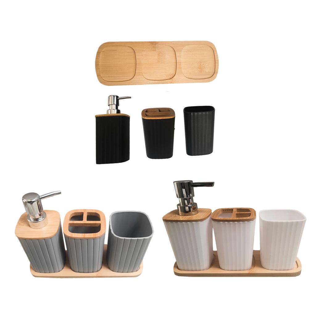4Piece Bathroom Organizer Set with Toothbrush Cup Hydraulic Cup Mouth Cup Wood Tray Durable Construction