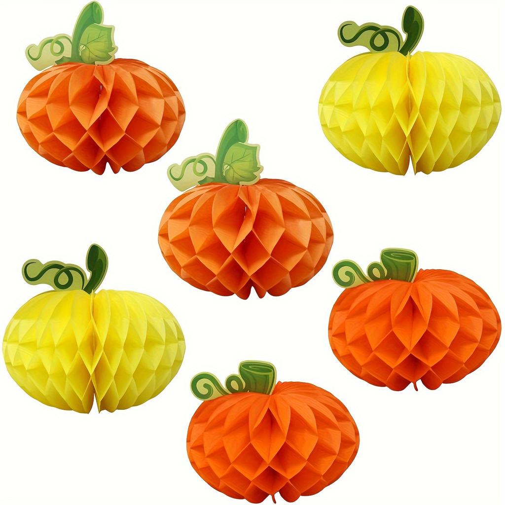 6PCS Tissue Paper Pumpkin - 3D Honeycomb Hanging Ornaments & Table Centerpieces - for Halloween, Thanksgiving, Fall Festival Decor (20cm)